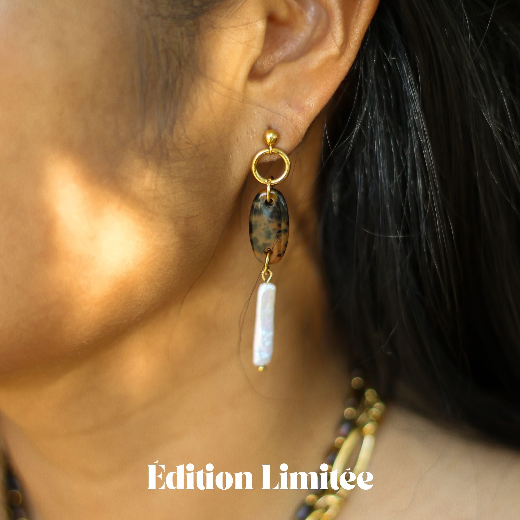 Boucles d'oreilles Perle longue & Léopard
