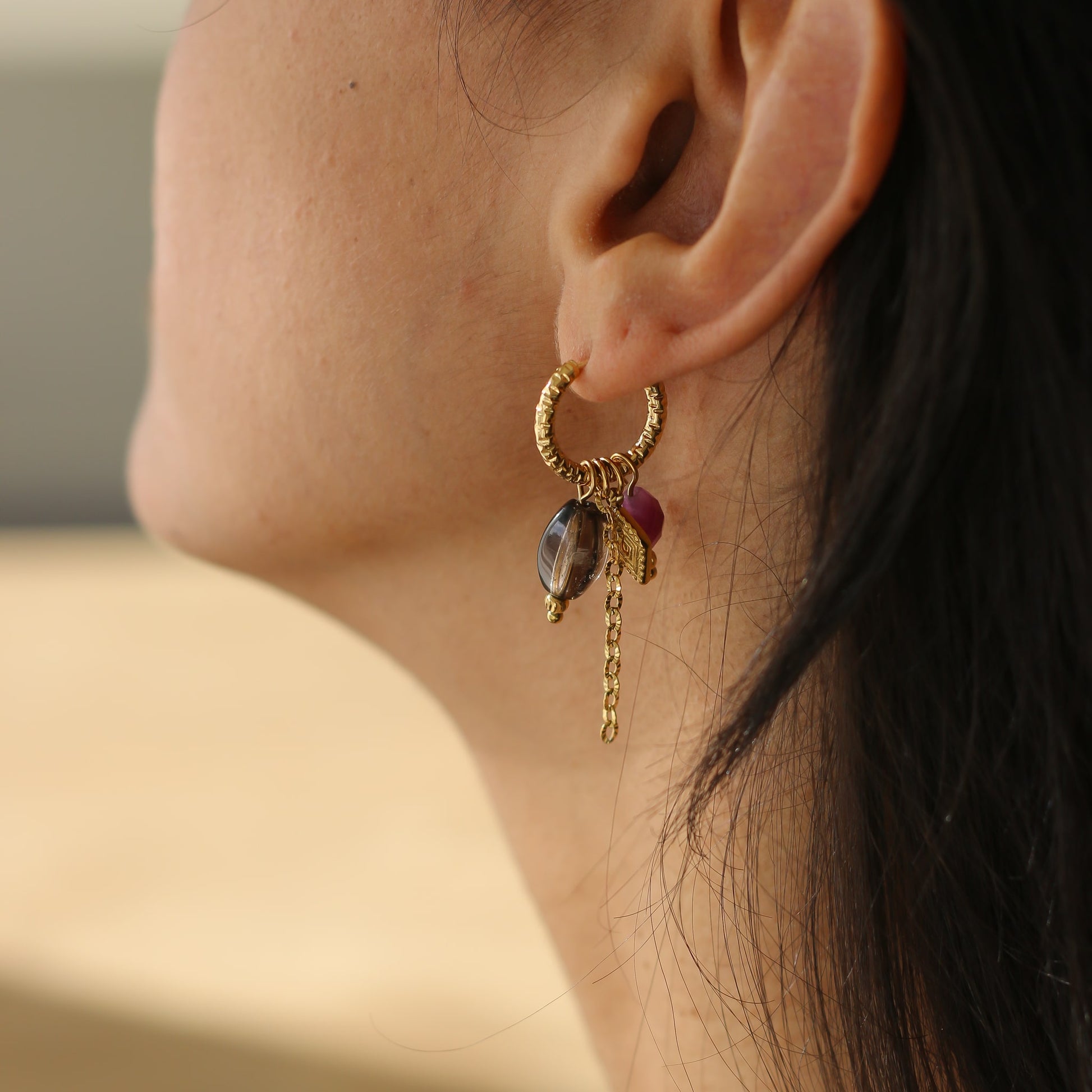 Anneaux avec Quartz fumé et Aragonite Framboise en acier inoxydable 