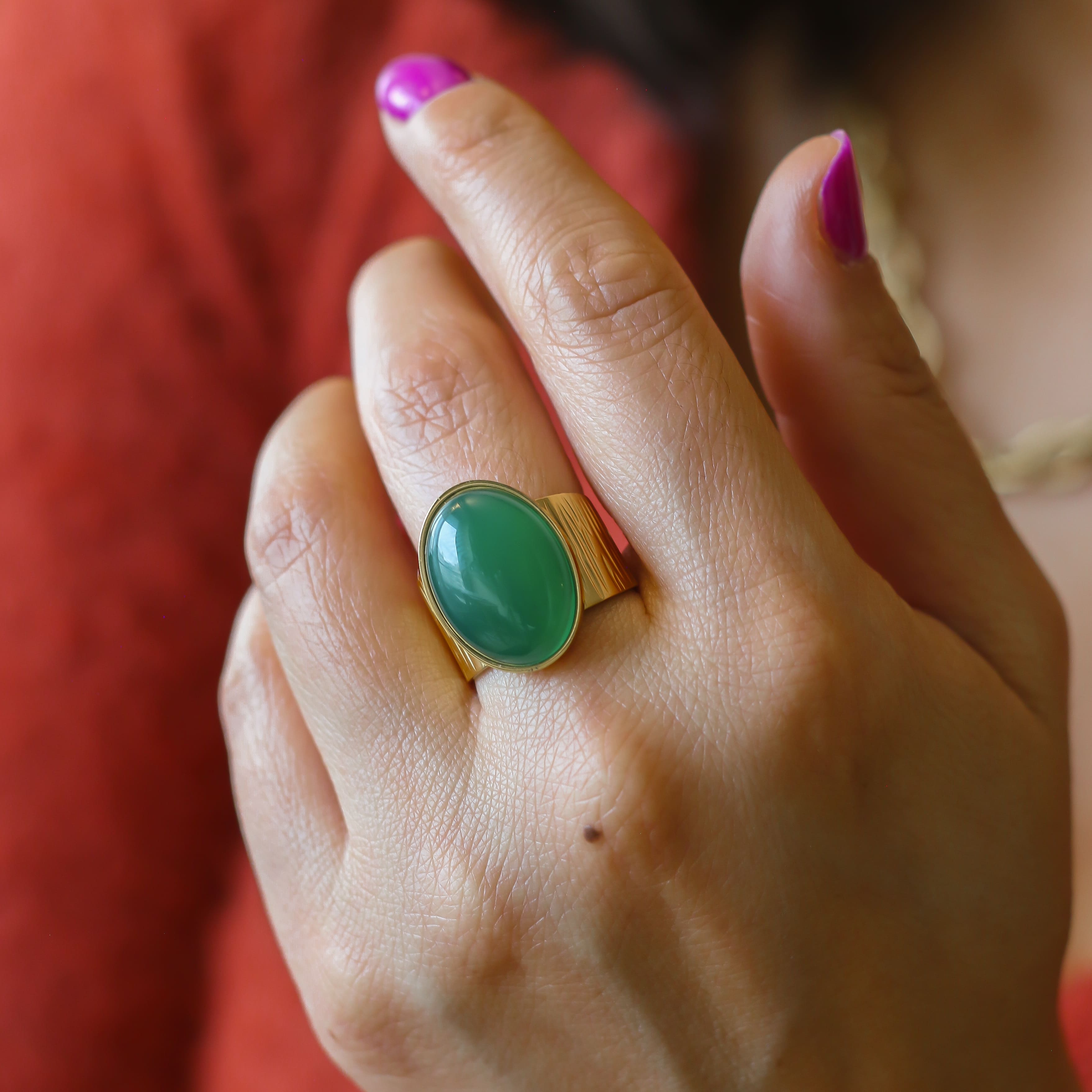 bague grande agate verte acier doré