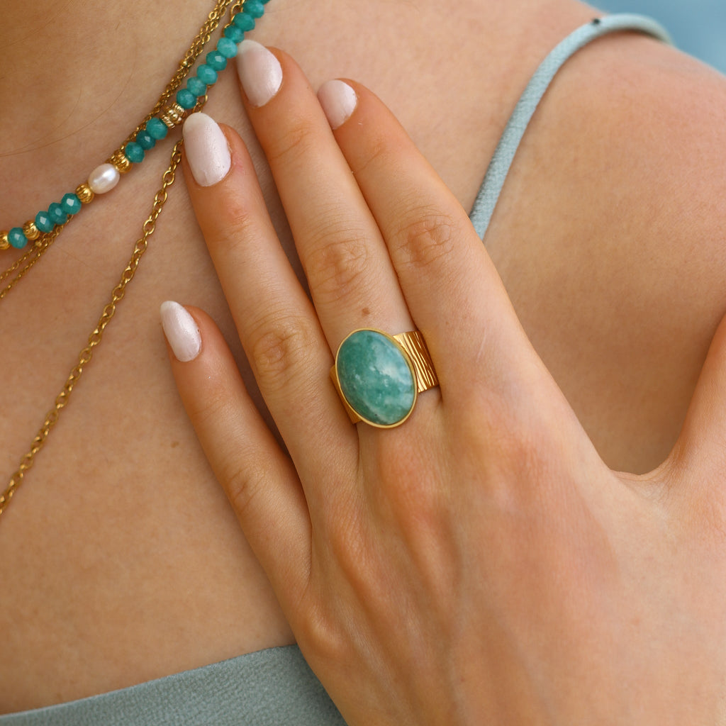 bague amazonite grande pierre femme bleu