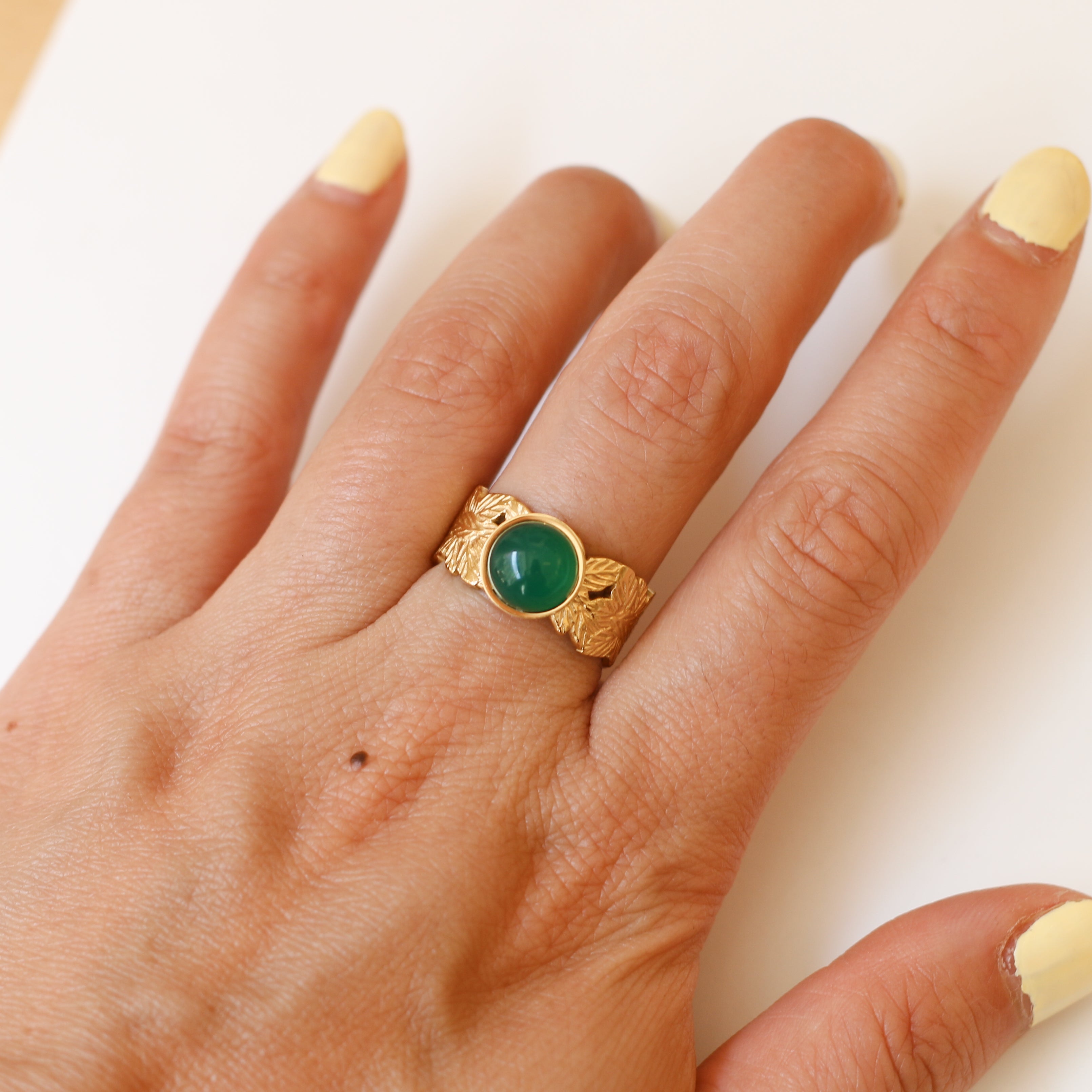bague agate verte feuille femme inoxydable