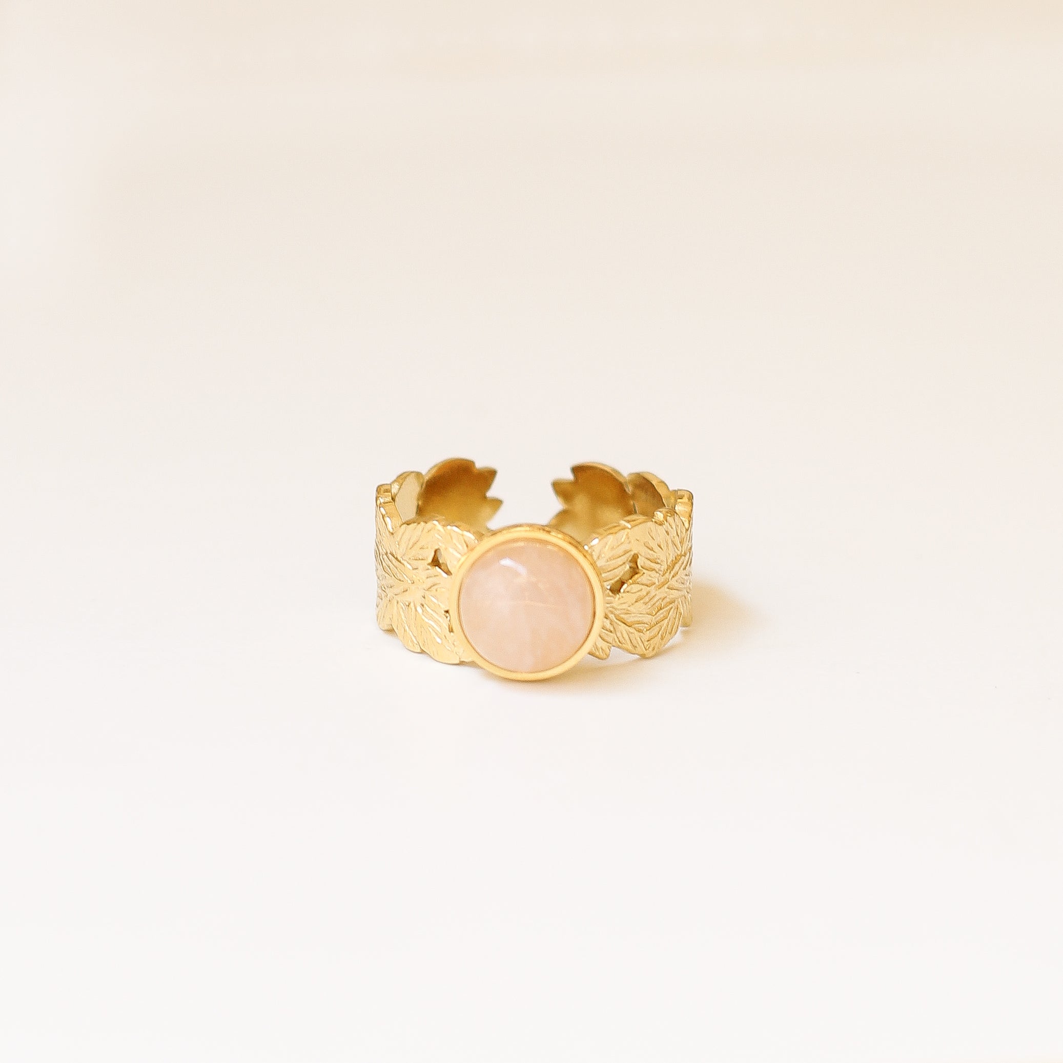 bague feuille quartz rose réglable acier 