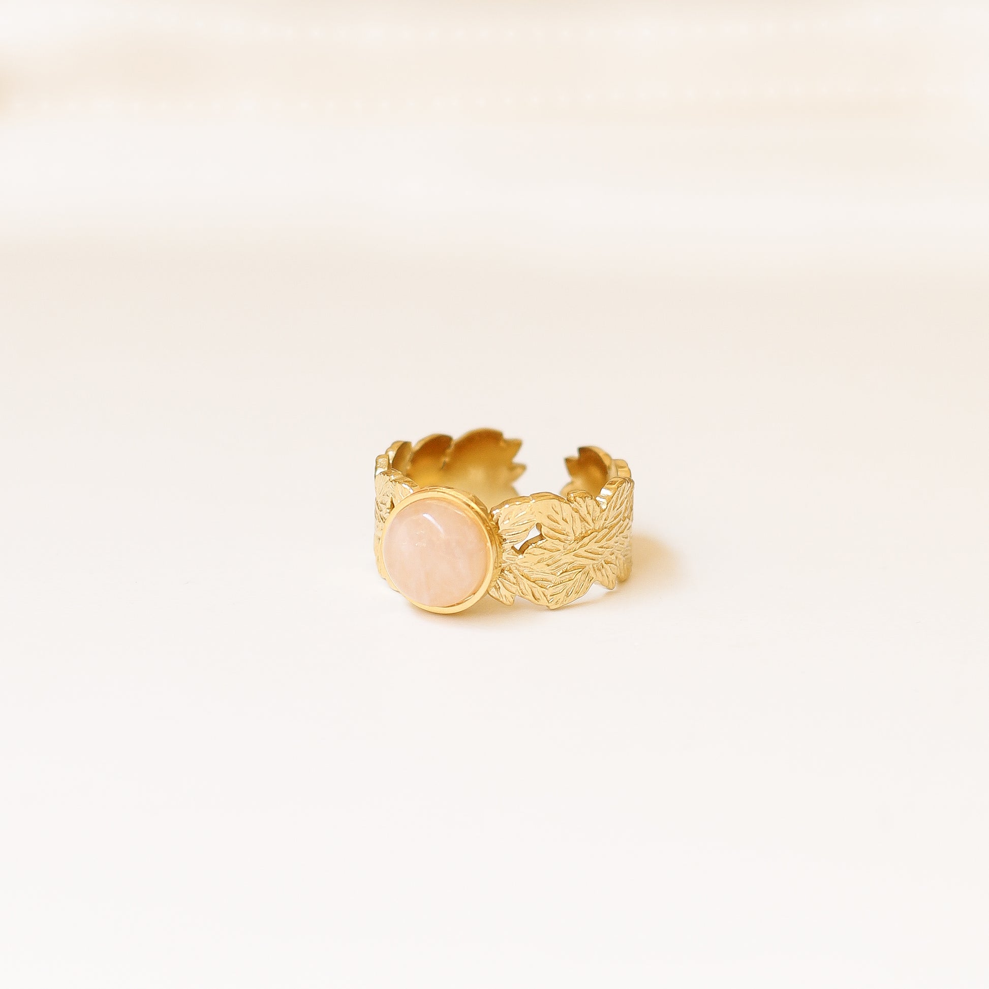 bague feuille quartz rose tendance pierre