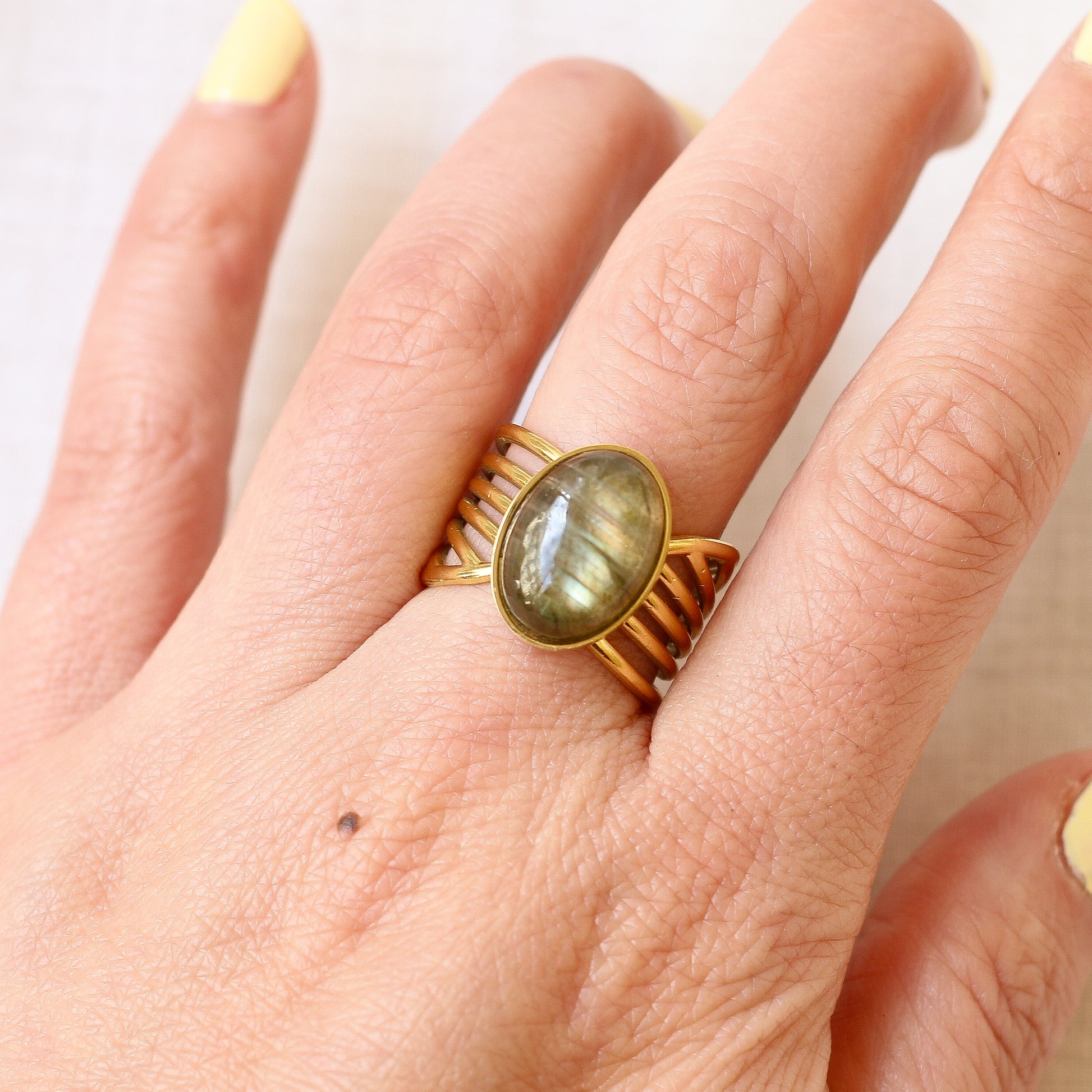 bague labradorite vague acier moderne unique