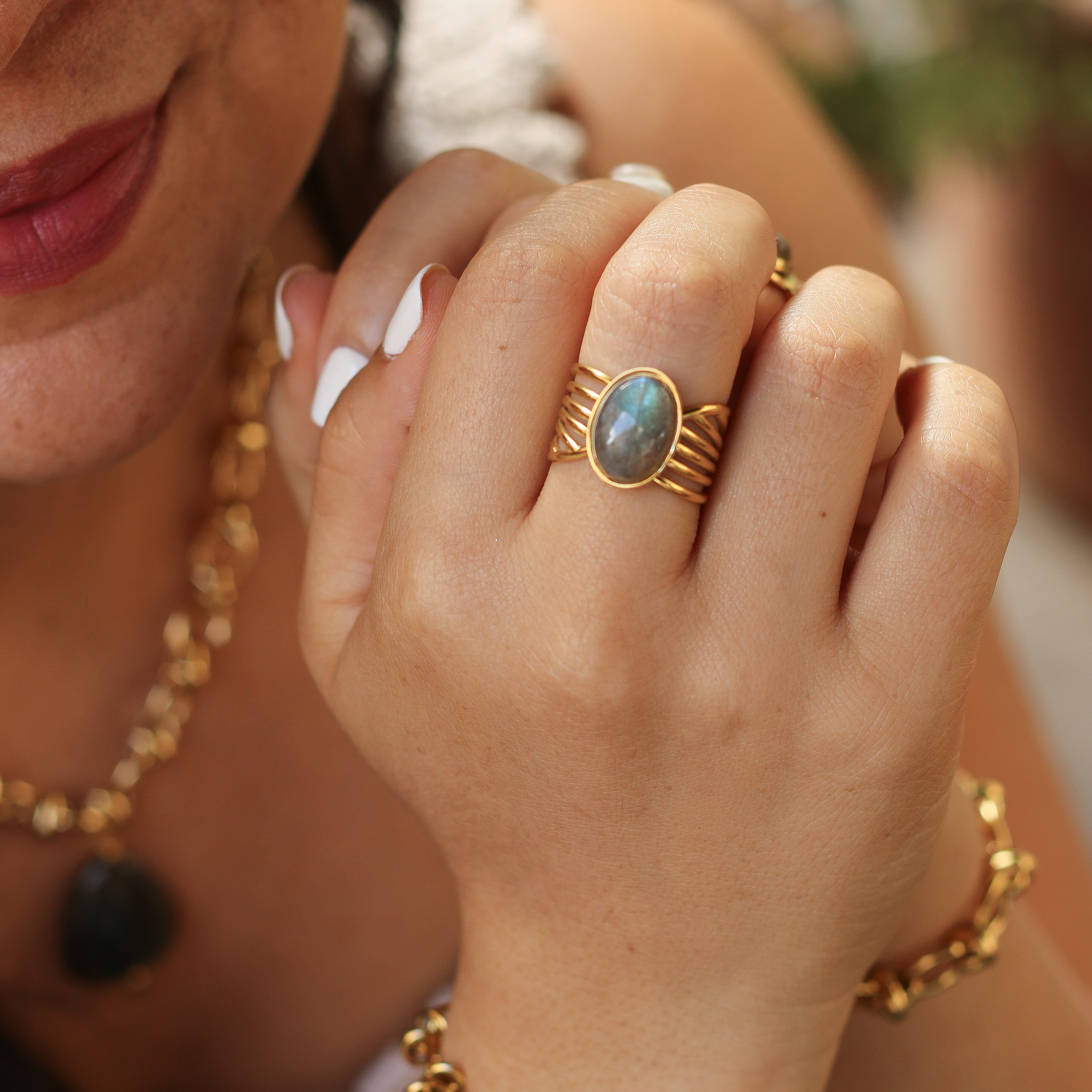bague labradorite vague acier inoxydable doré