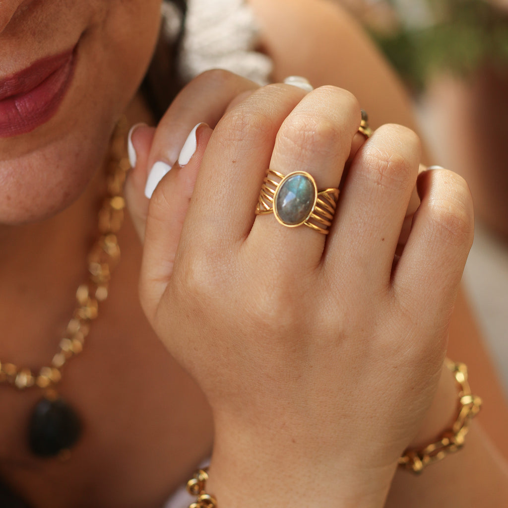 bague labradorite vague acier inoxydable doré