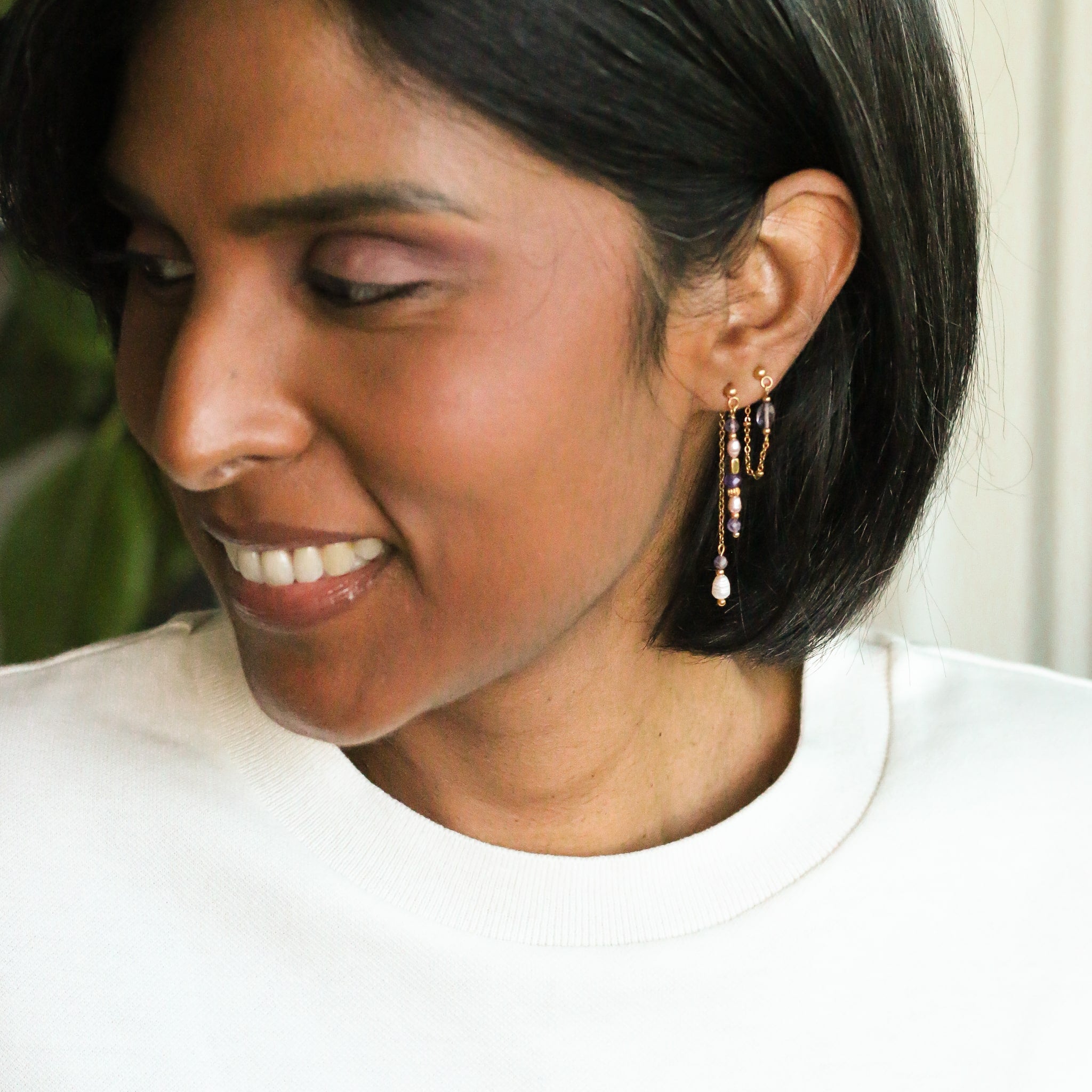 ensemble de boucles Moonlight en Améthyste et chaine dorée pendantes trendy