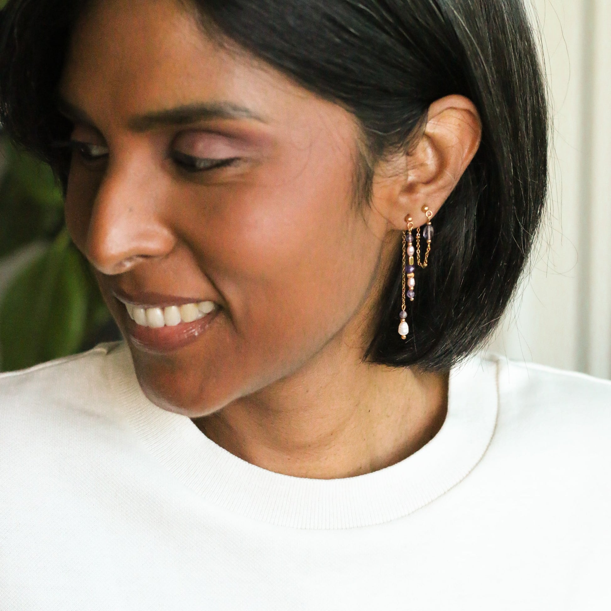 ensemble de boucles Moonlight en Améthyste et chaine dorée pendantes trendy