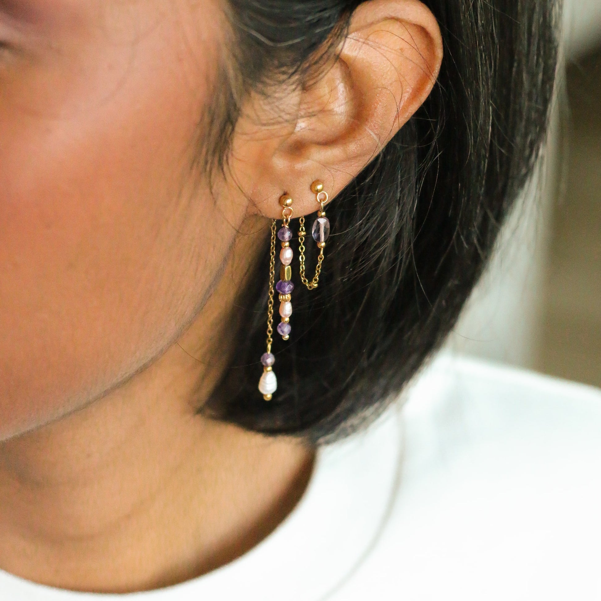 duo de boucles violettes en Améthyste et chaine dorée en acier inoxydable 