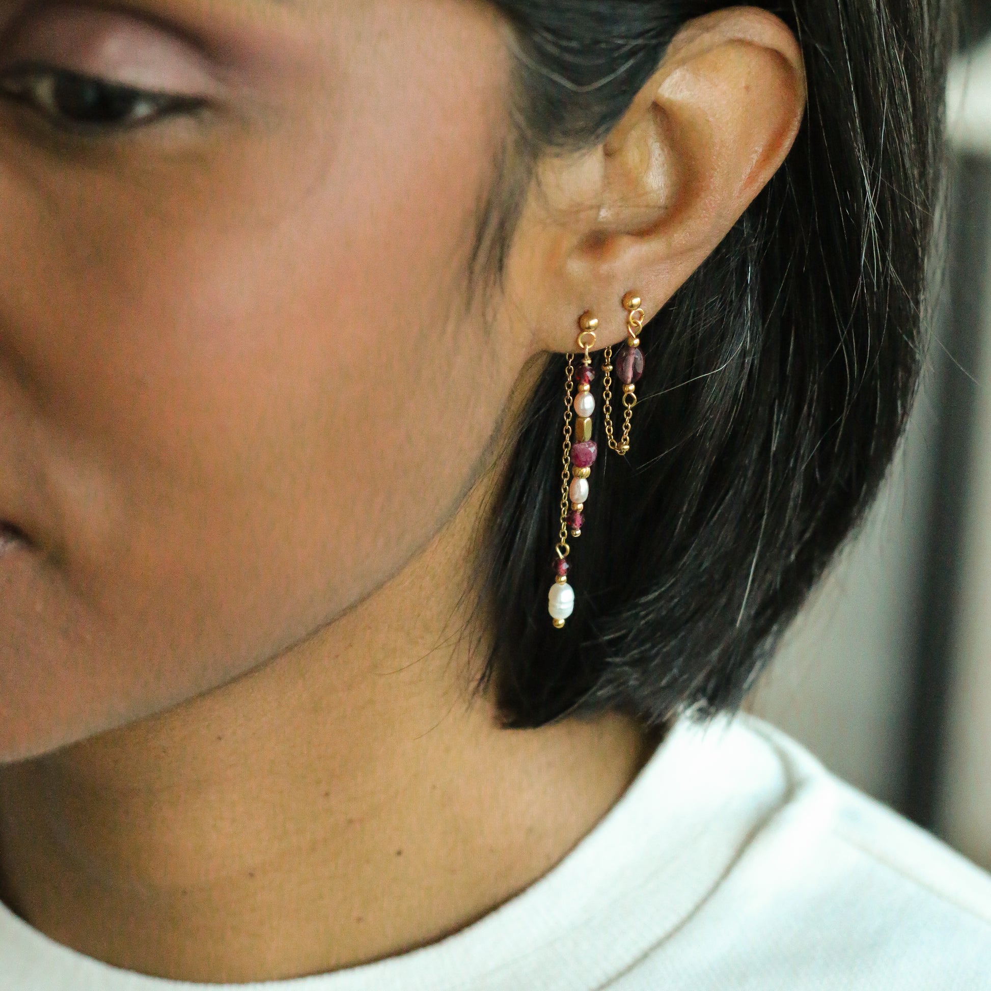 le cadeau de la fête des mères, boucles d'oreilles en Grenat aux teintes roses