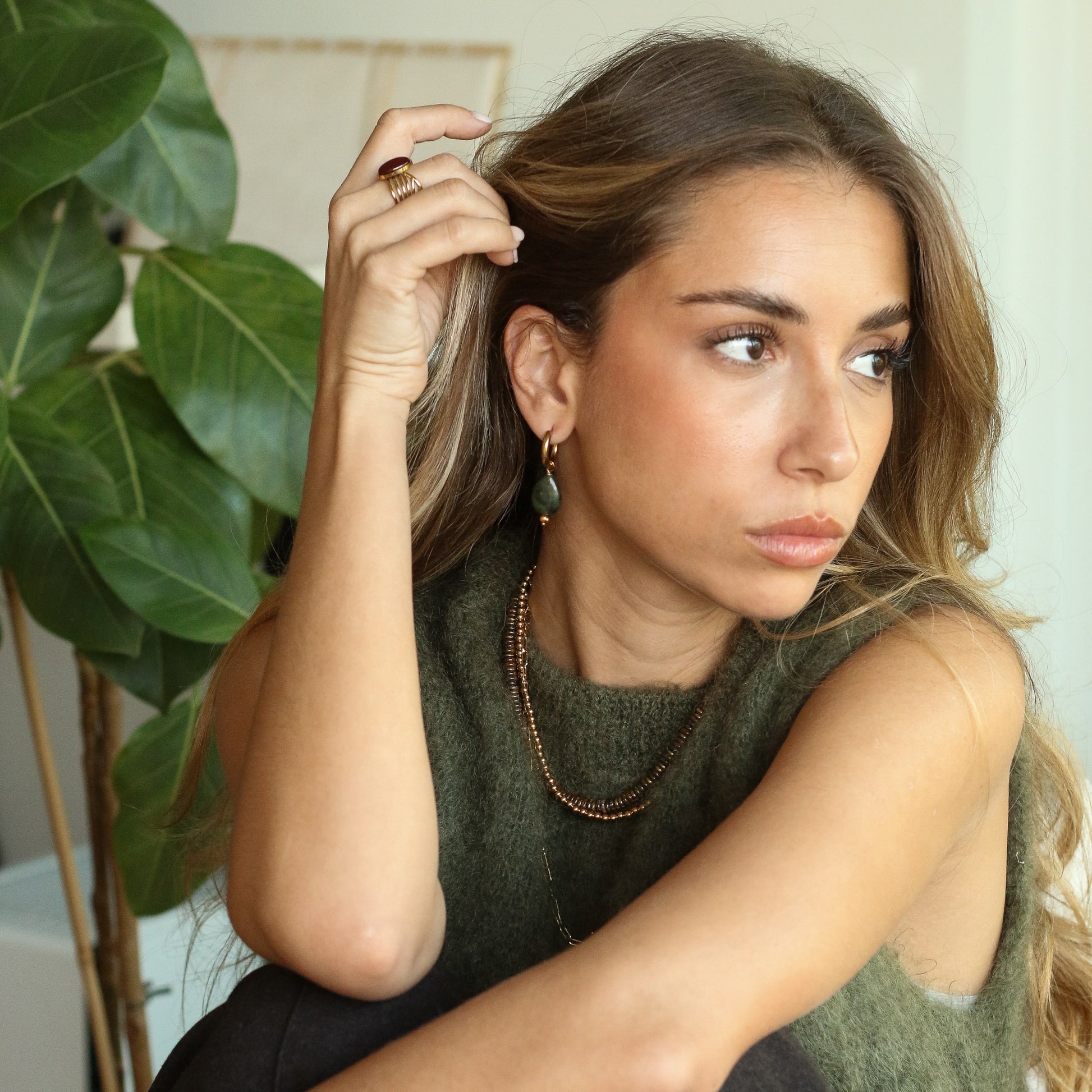 Anneaux en perles de Jade Olive goutte verte