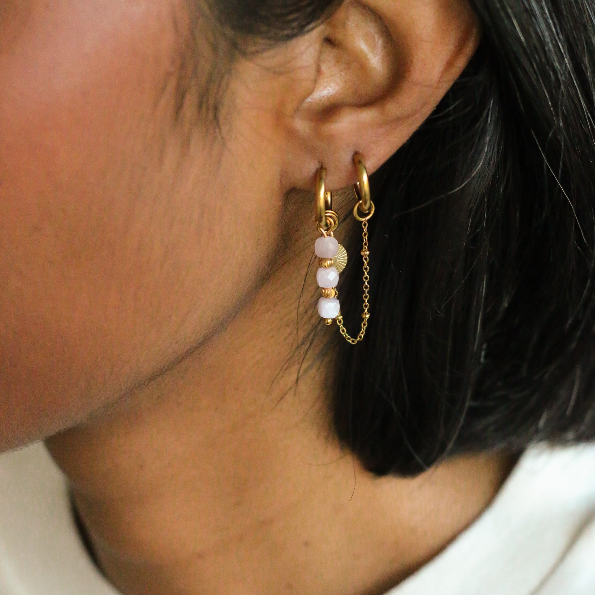 boucles assemblées à la main en acier inoxydable et Kunzite