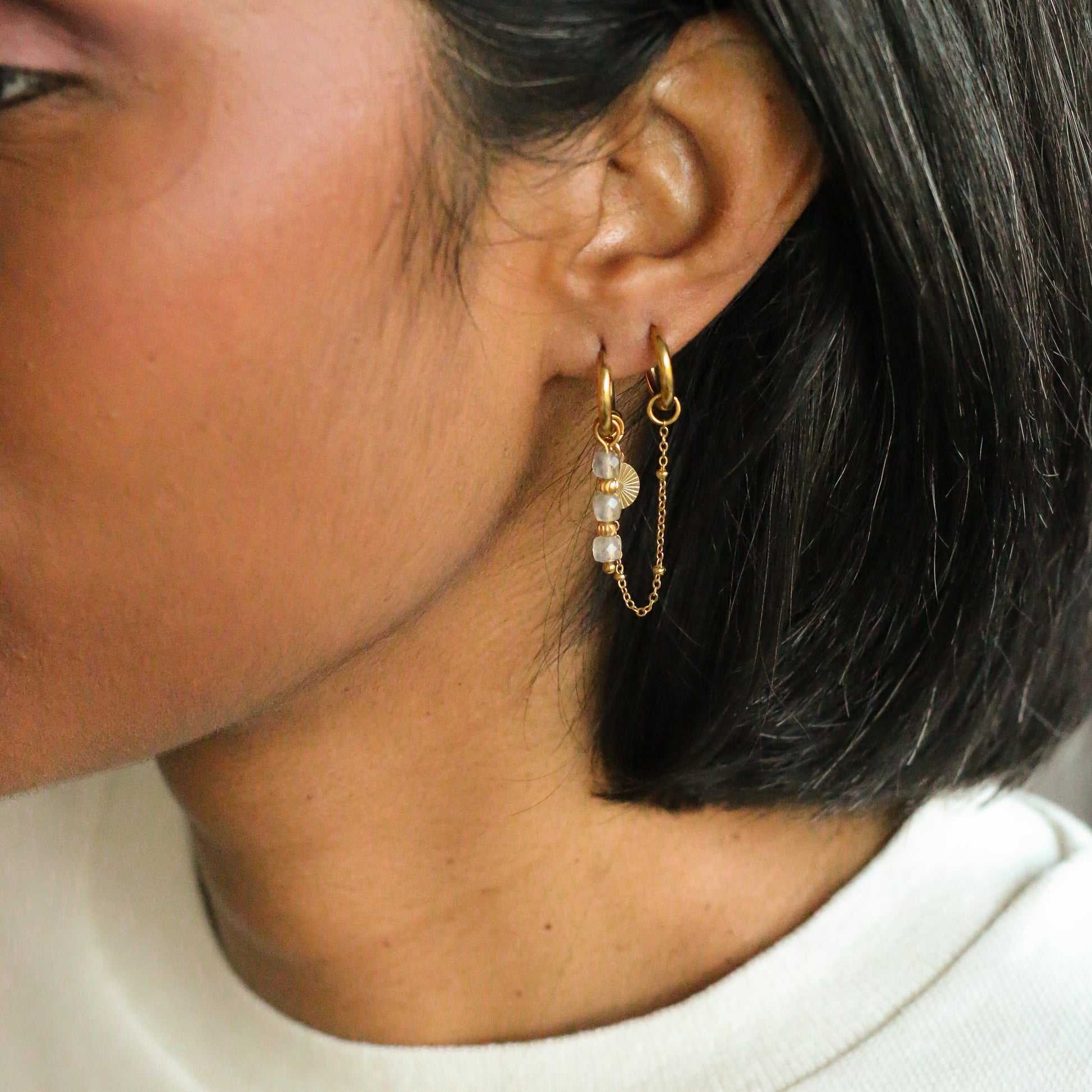 boucles d'oreilles montées à la main en Labradorite et chaine dorée