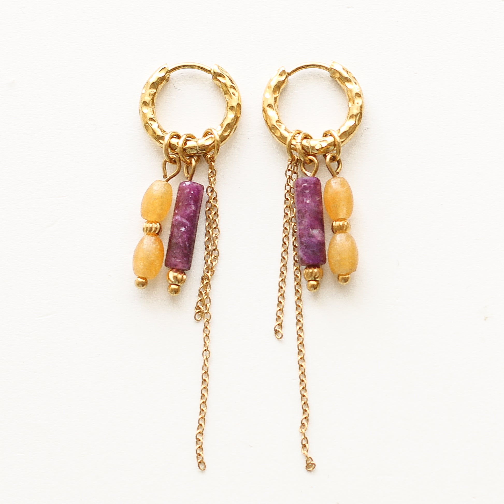 Boucles anneaux Lépidolite et Aventurine jaune, Mahny bijoux pierre fine.