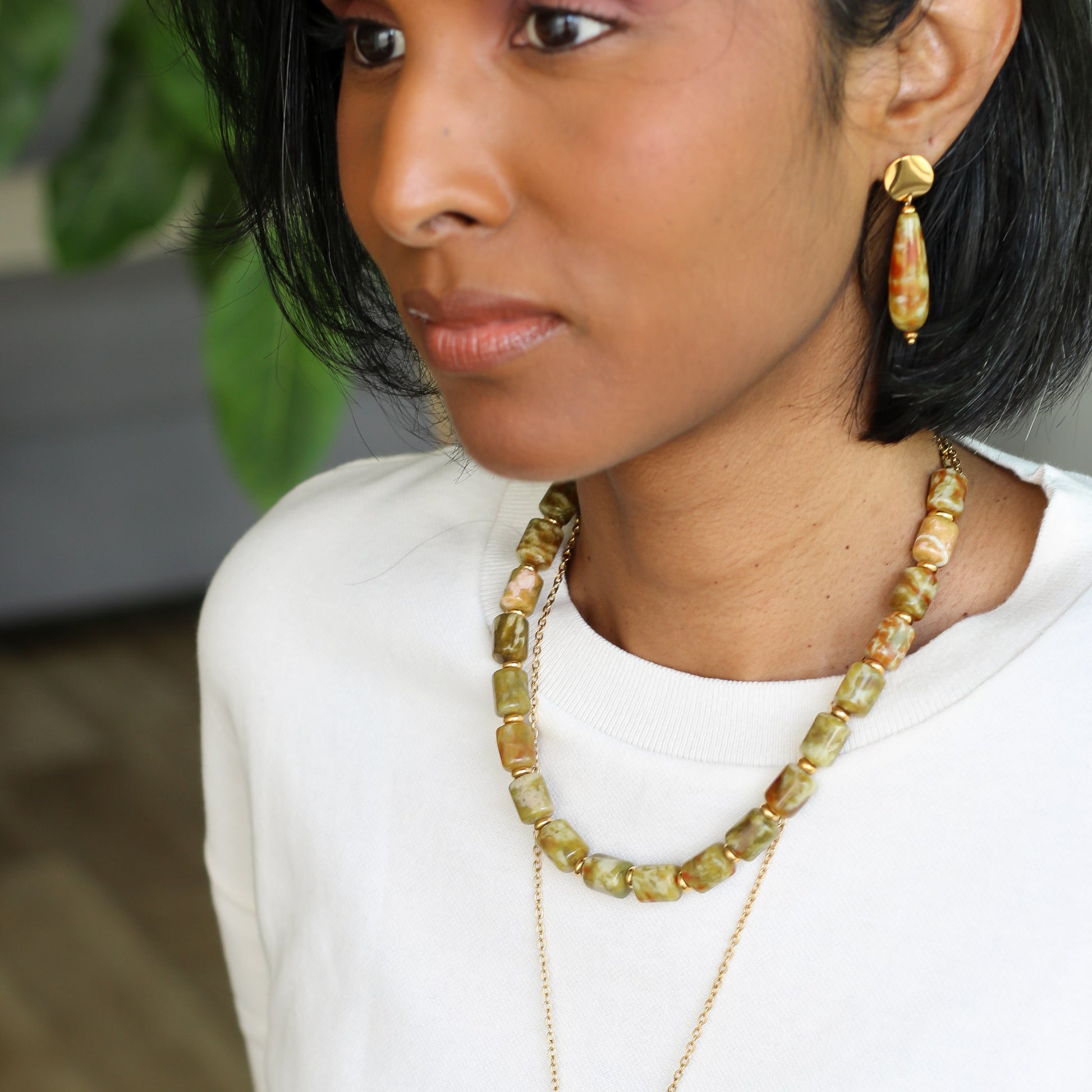 boucles d'oreilles en Unakite pendantes pierre naturelle rose et verte