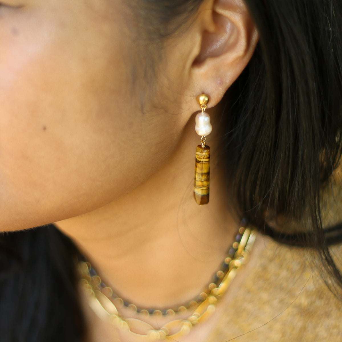 Boucles d'oreilles Œil de tigre et Perle orangée