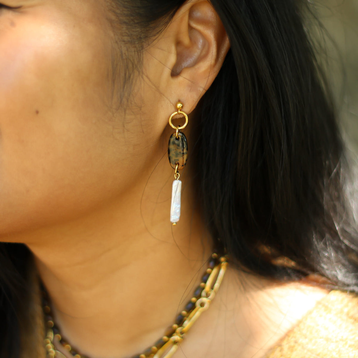 Boucles d'oreilles Perle longue & Léopard