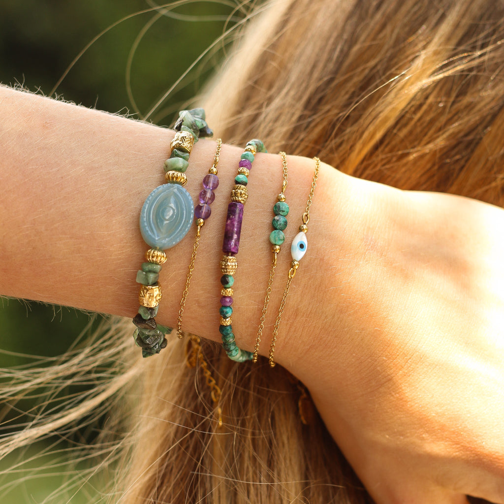 bracelet perle acier améthyste créateur doré