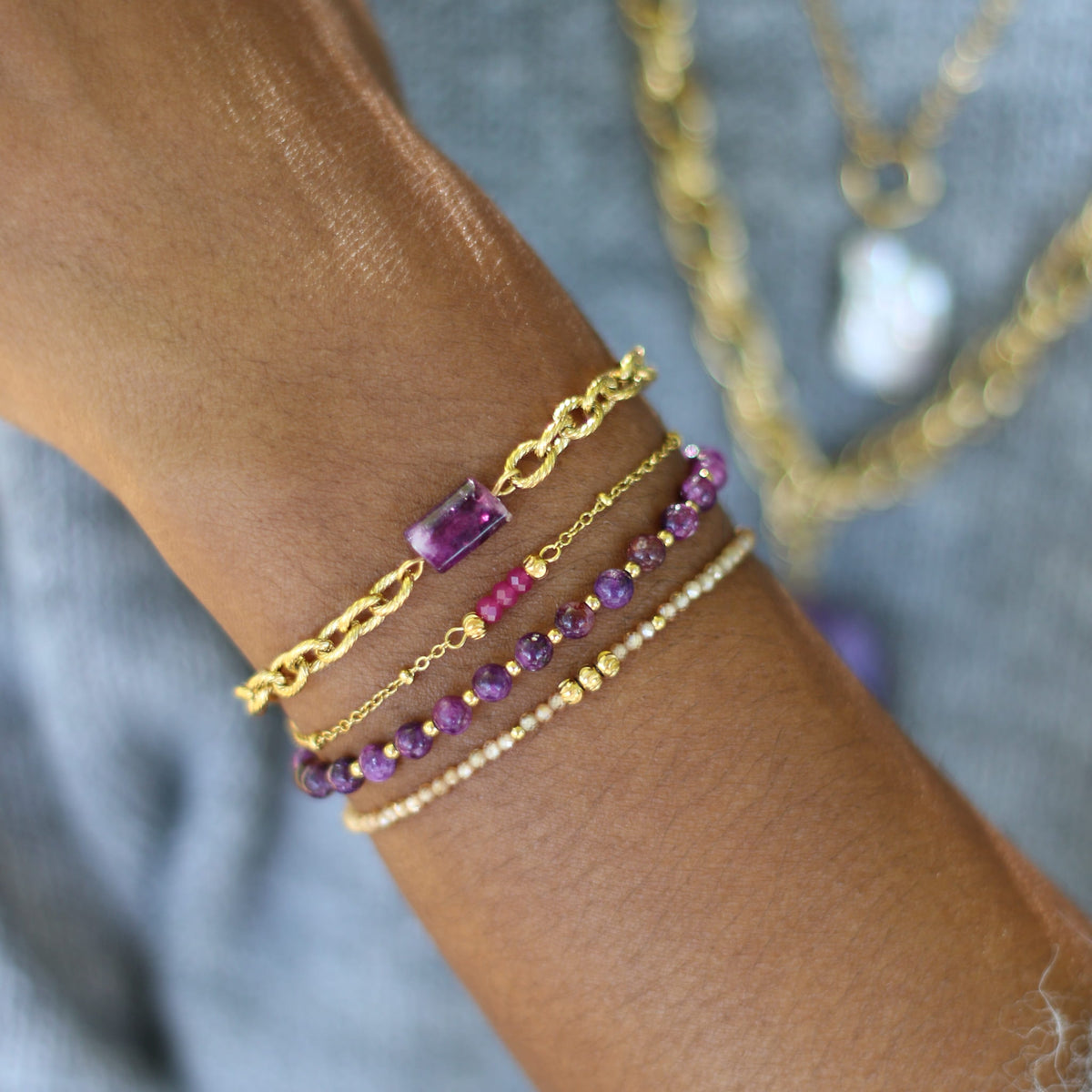Bracelet Lépidolite chaîne cordage
