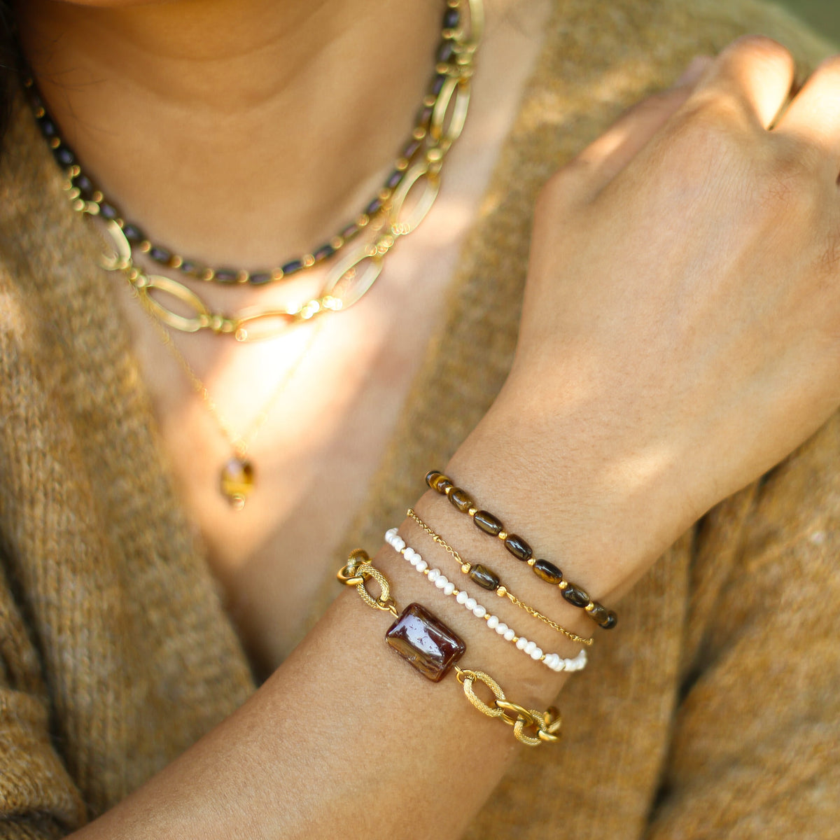 Bracelet Grenat orangé chaîne épaisse