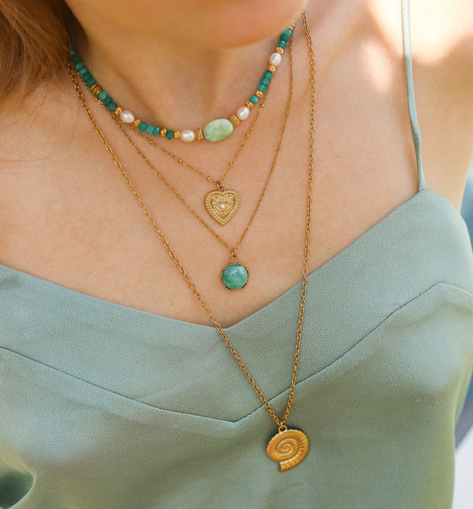 collier amazonite pendentif acier bleu femme