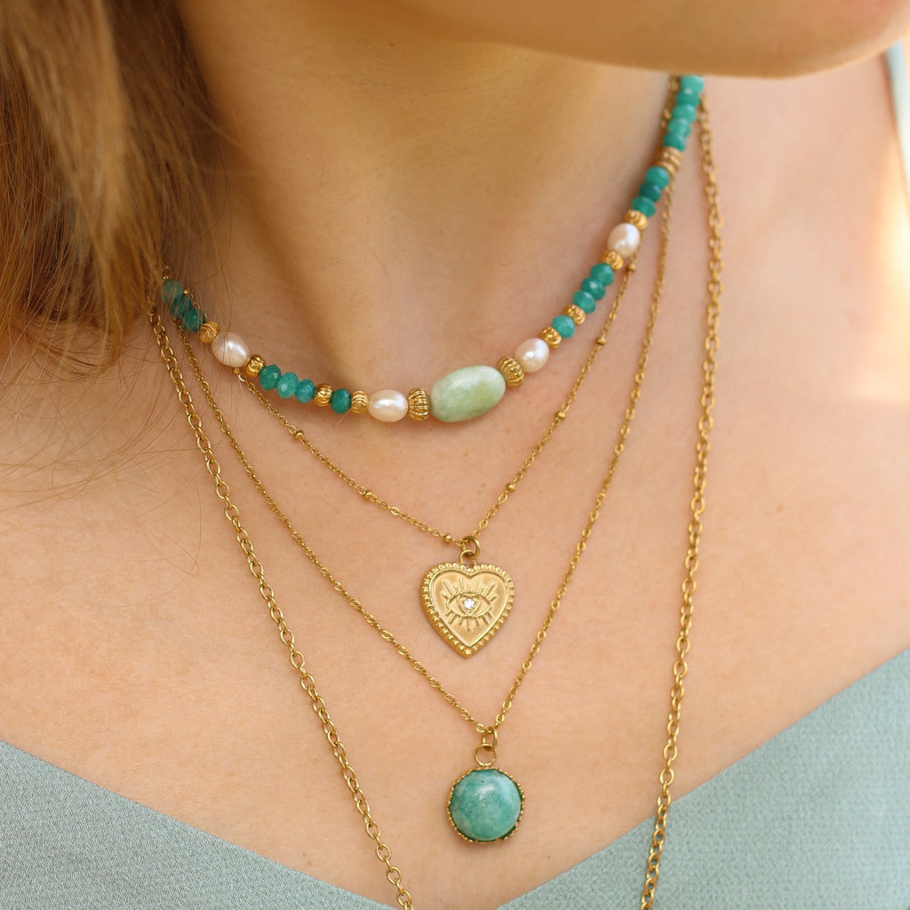 collier amazonite pendentif acier bleu pierre