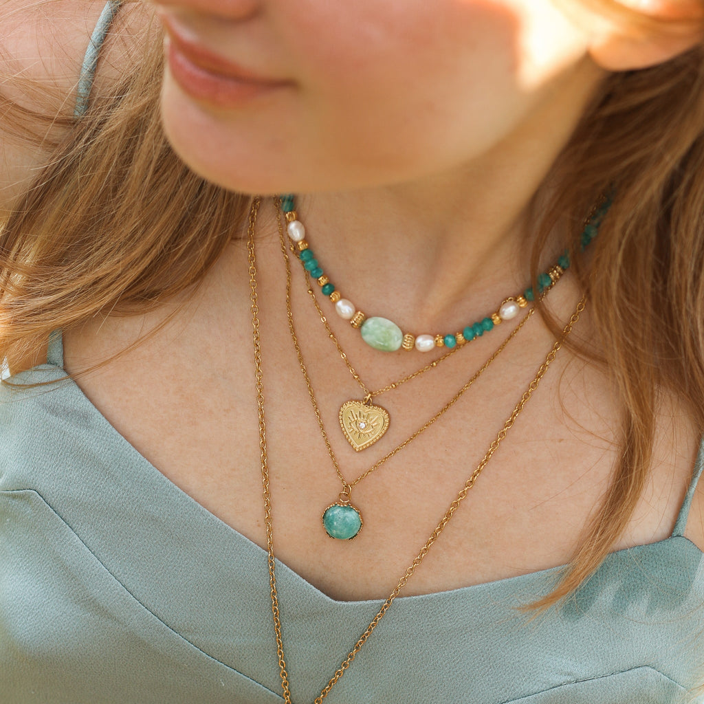 collier amazonite pendentif acier bleu lagon 