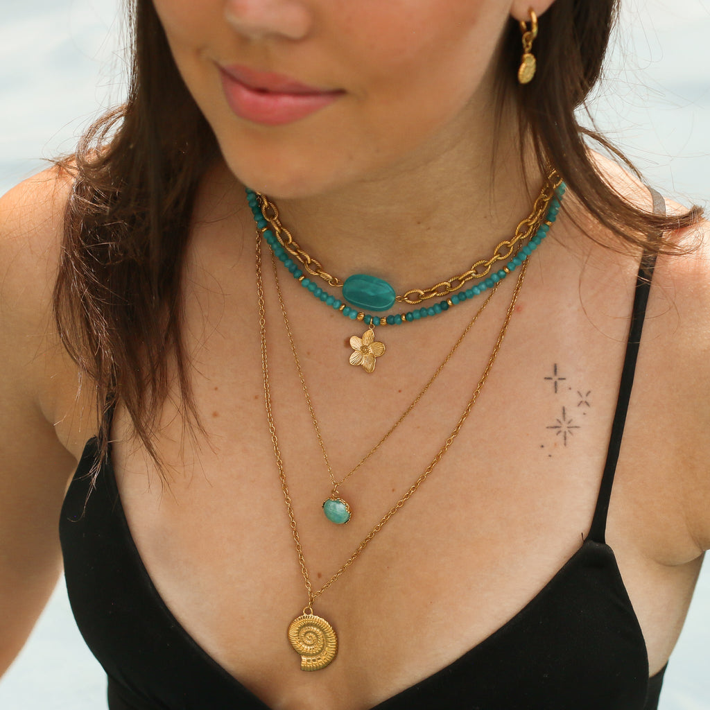 collier amazonite pendentif acier bleu créatrice