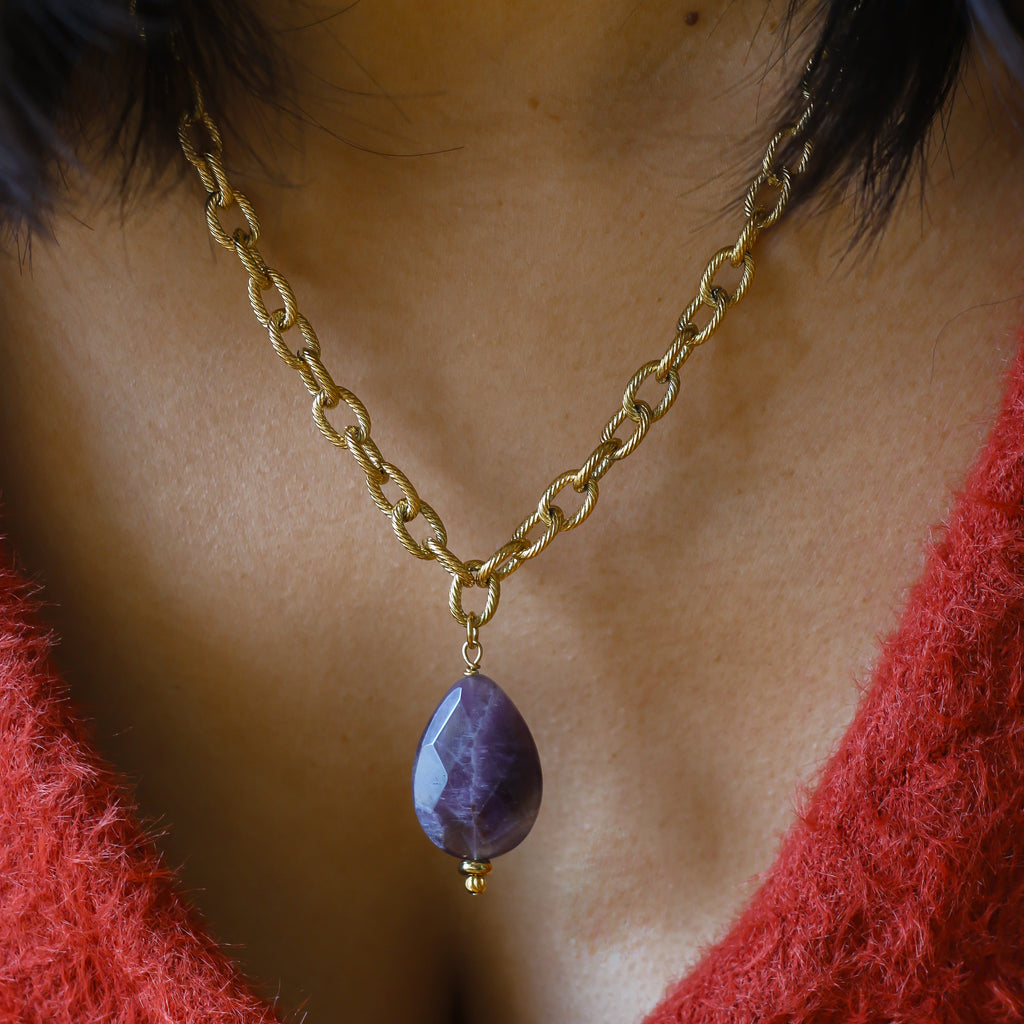 collier bijou améthyste violet chaîne acier