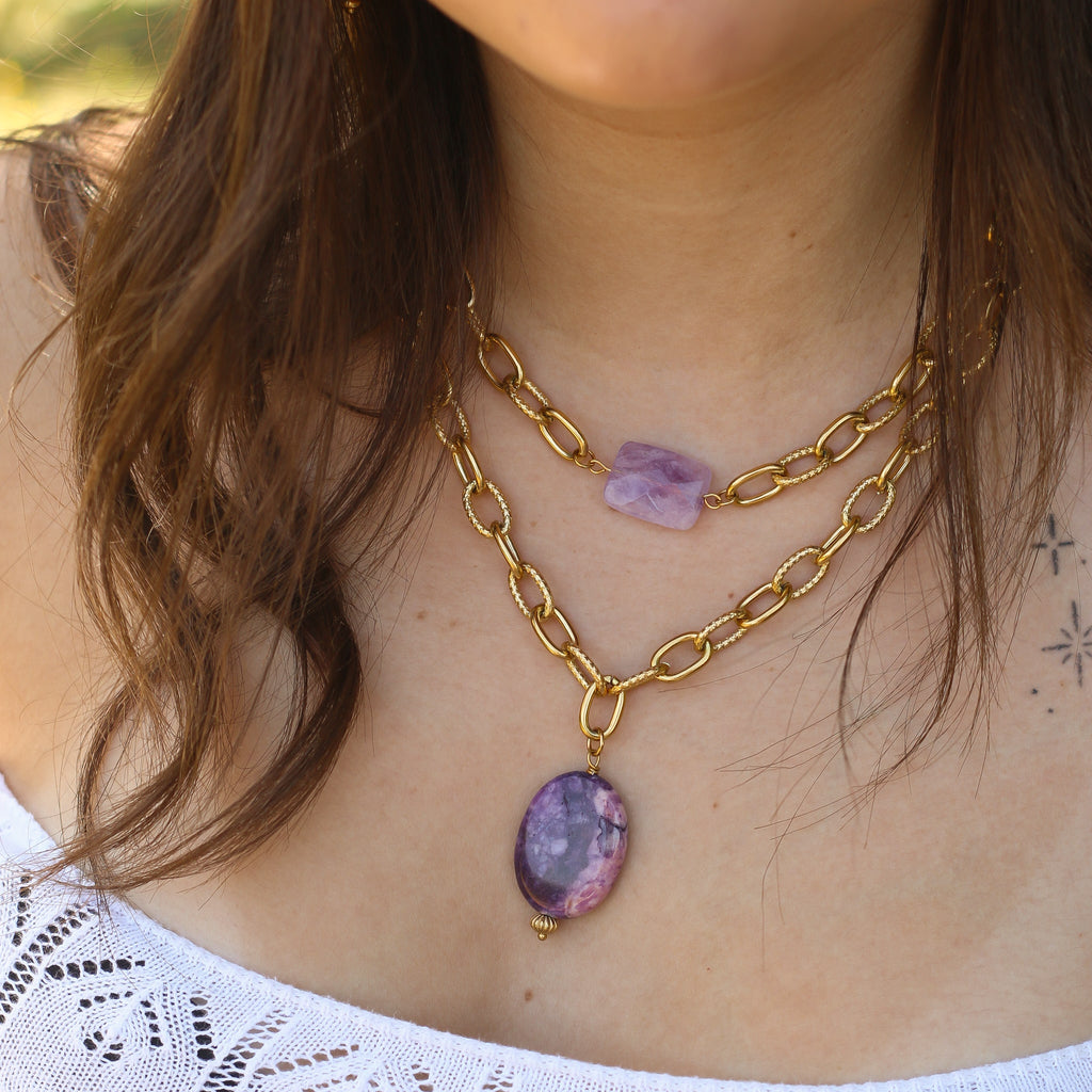 collier chaine lépidolite violet pierre bijou