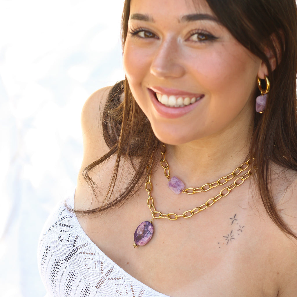collier chaine lépidolite violet pierre acier