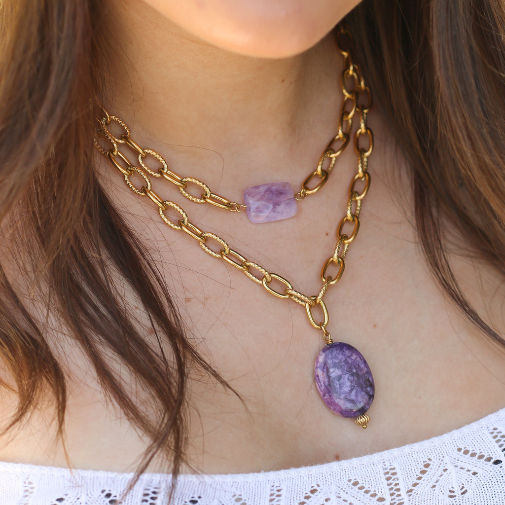 collier chaine lépidolite violet pierre naturelle