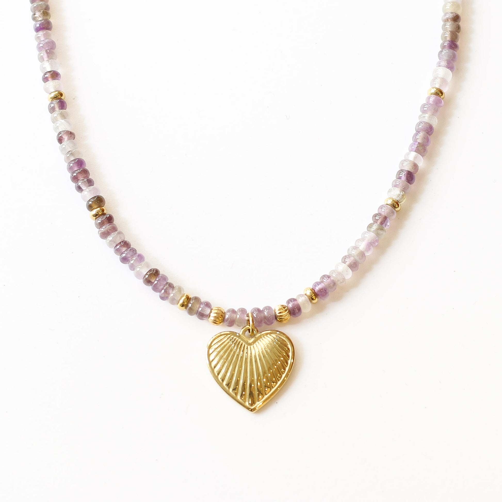 collier fluorite cœur pierre violet créatrice