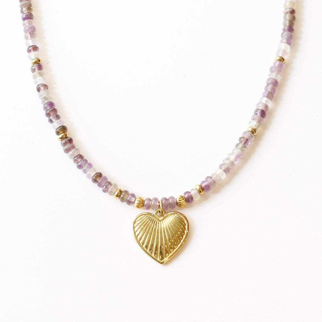 collier fluorite cœur pierre violet créatrice