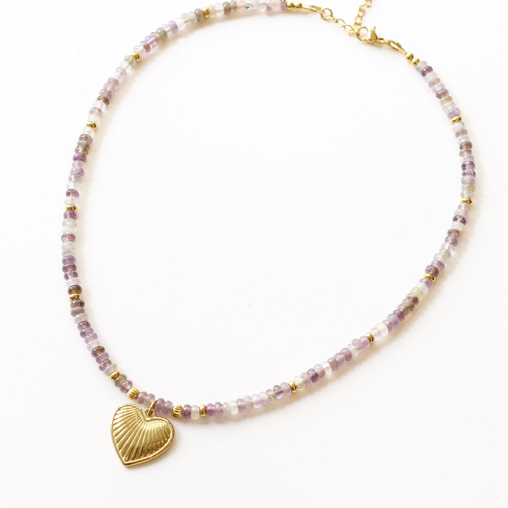 collier fluorite cœur pierre violet rose