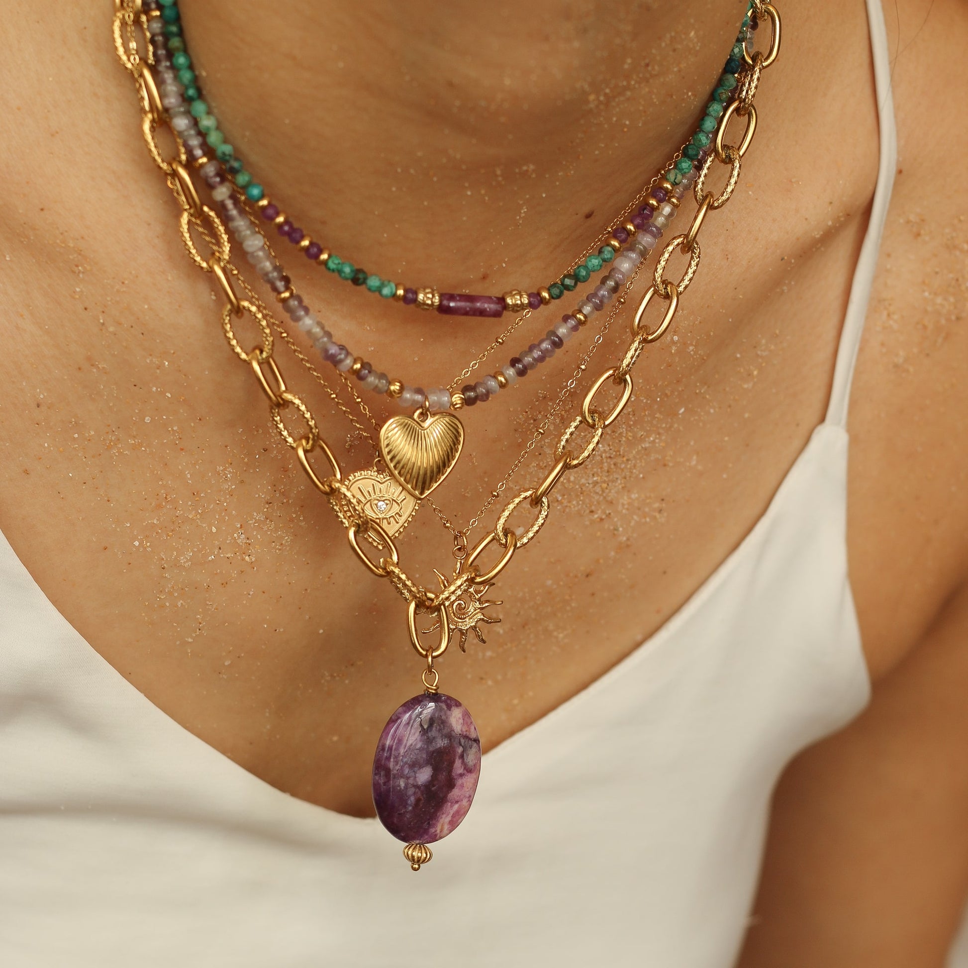 collier fluorite cœur pierre violet femme