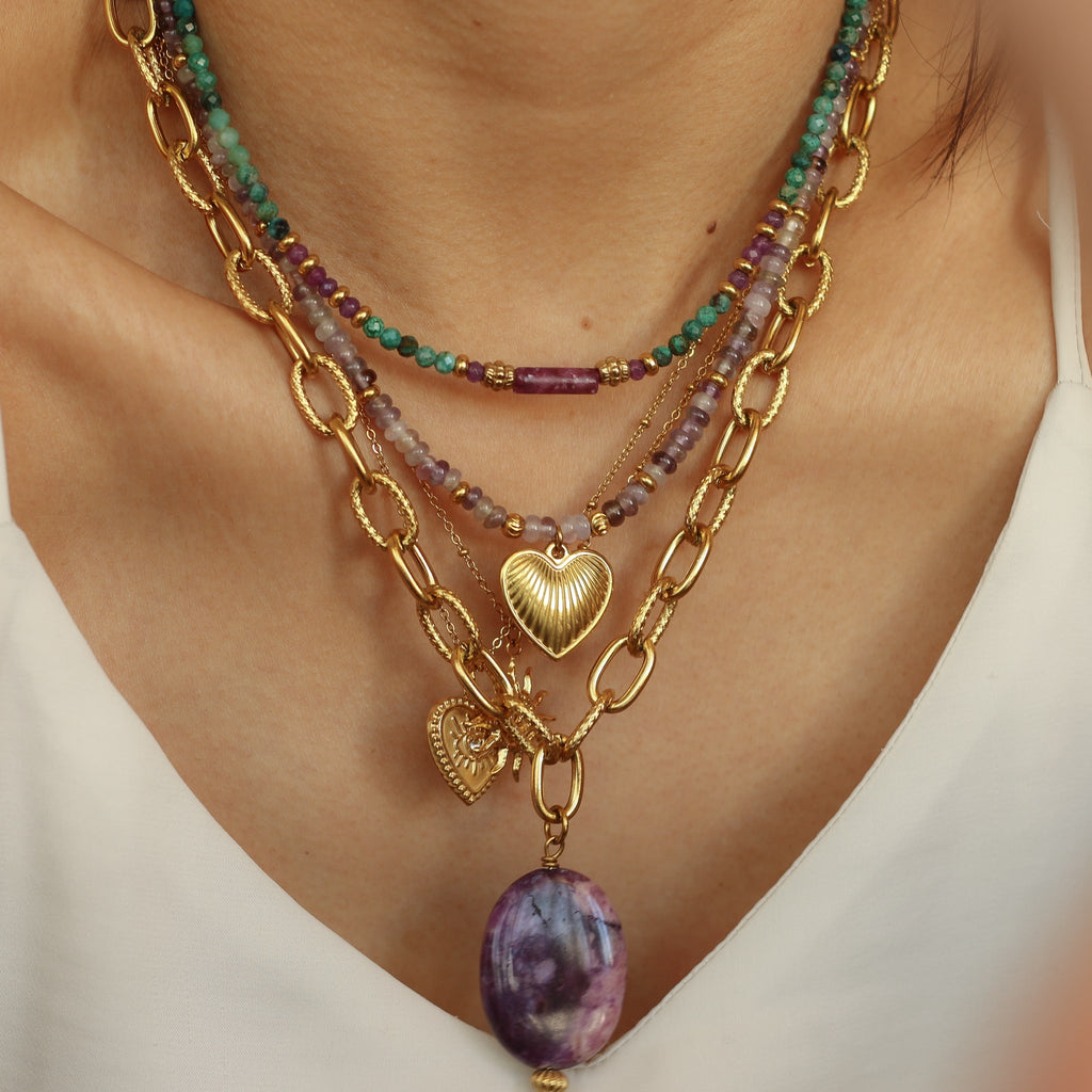 collier fluorite cœur pierre violet cadeau