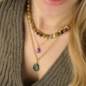 collier à superposé en Jadéite olive et chaine dorée