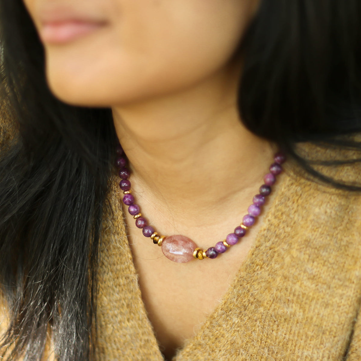 Collier Lépidolite et Quartz fraise