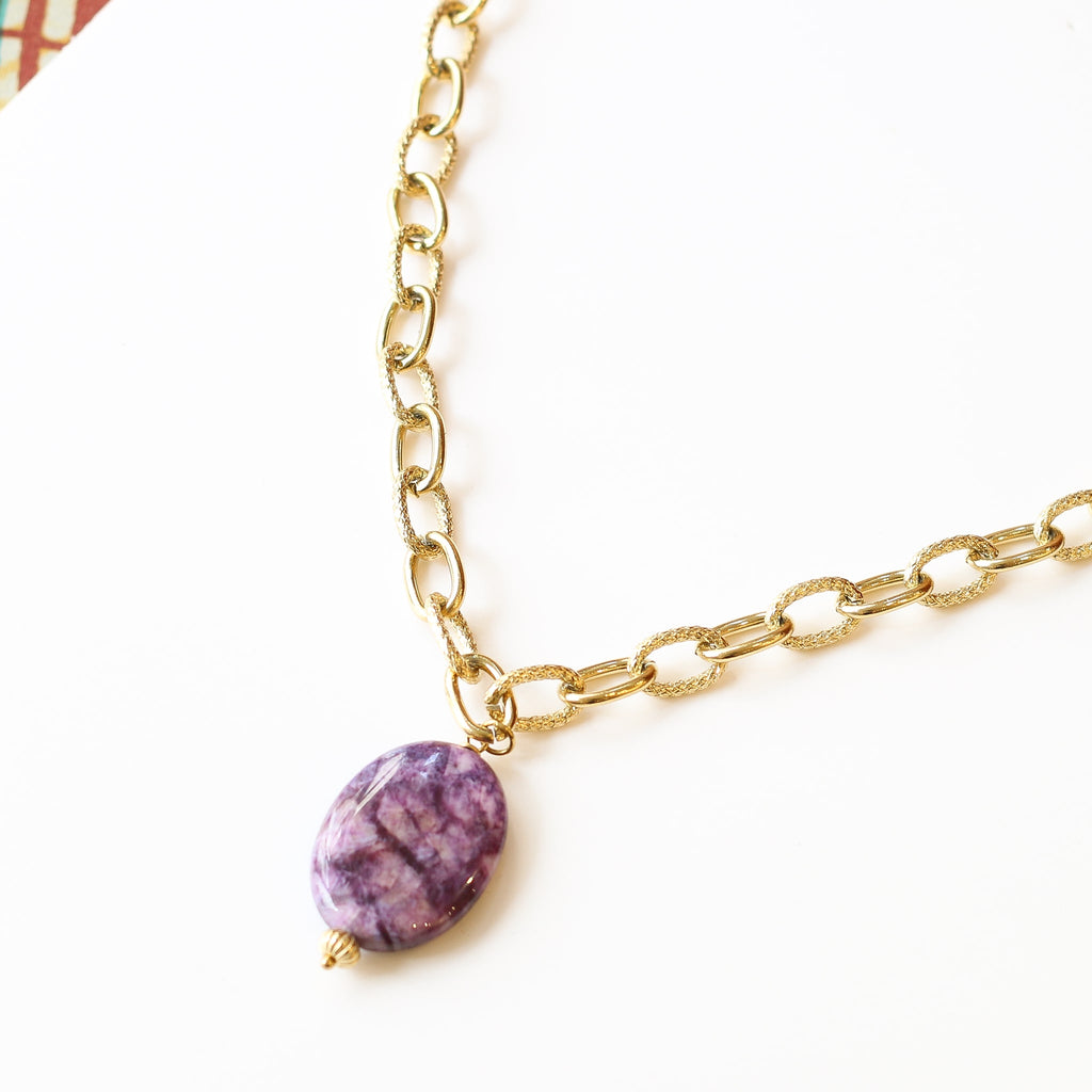 collier chaine lépidolite violet pierre doré