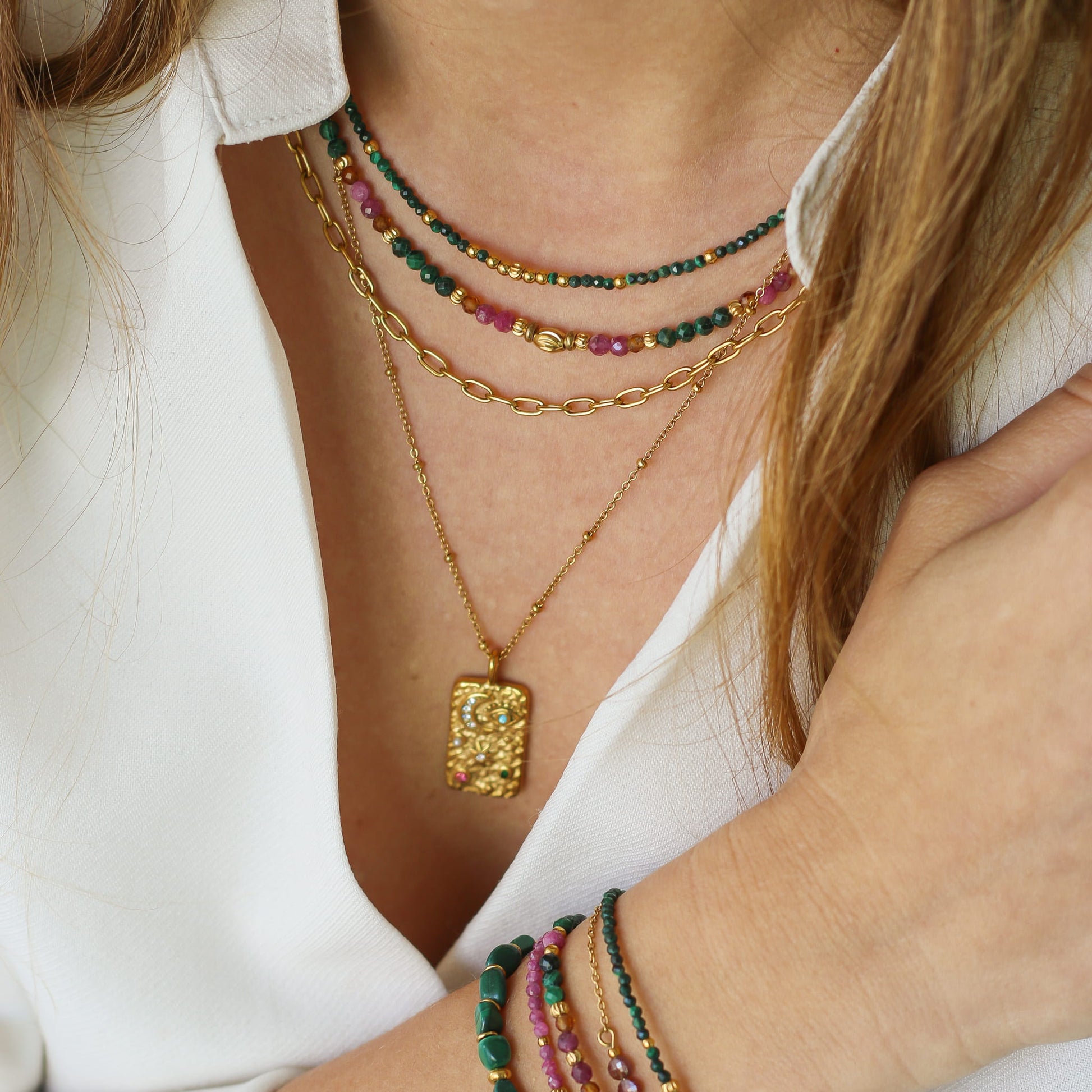 Collier Malachite perlé fin, vue alternative, Mahny bijoux pierres naturelles.