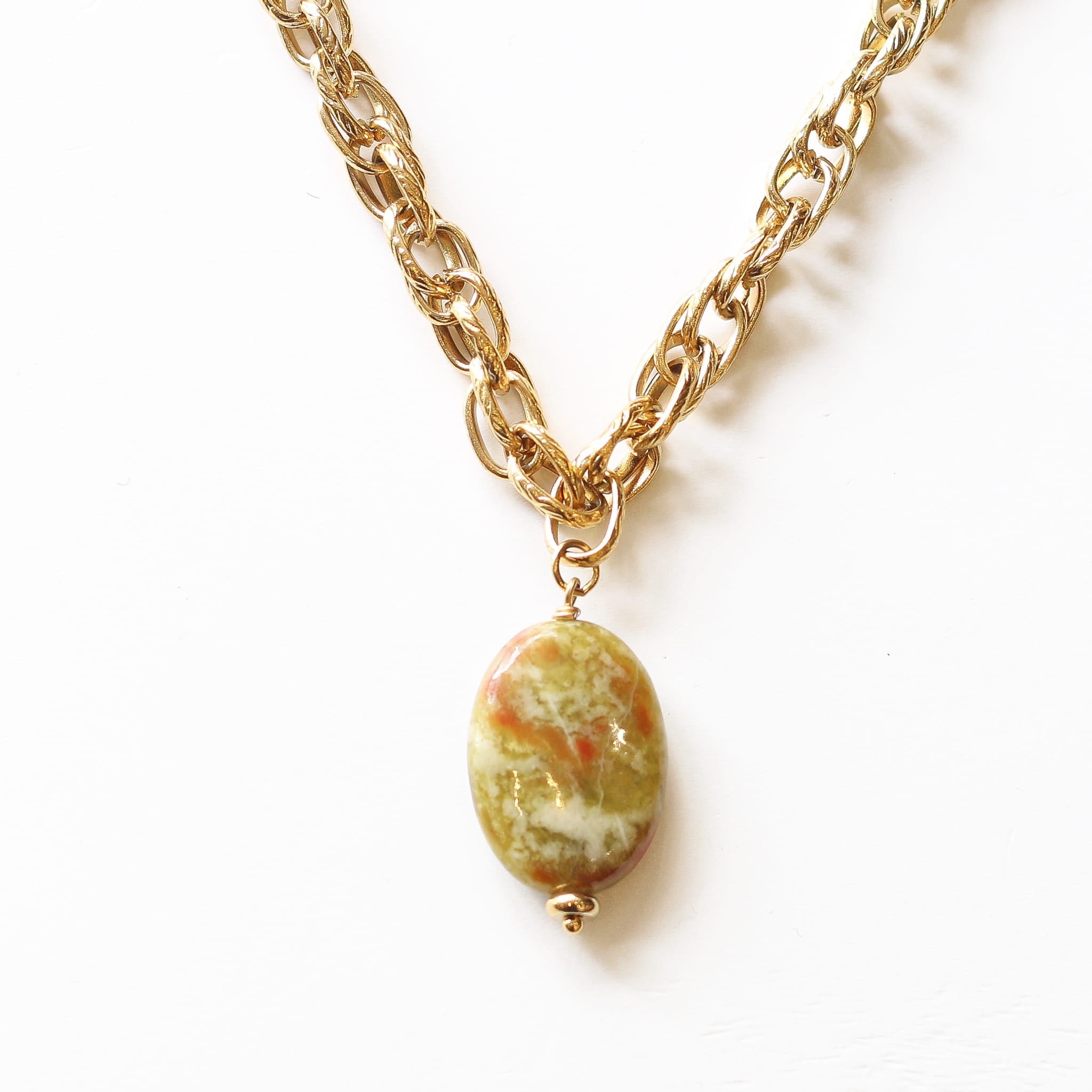 Collier Unakite chaîne corde, Mahny bijoux pierre fine.