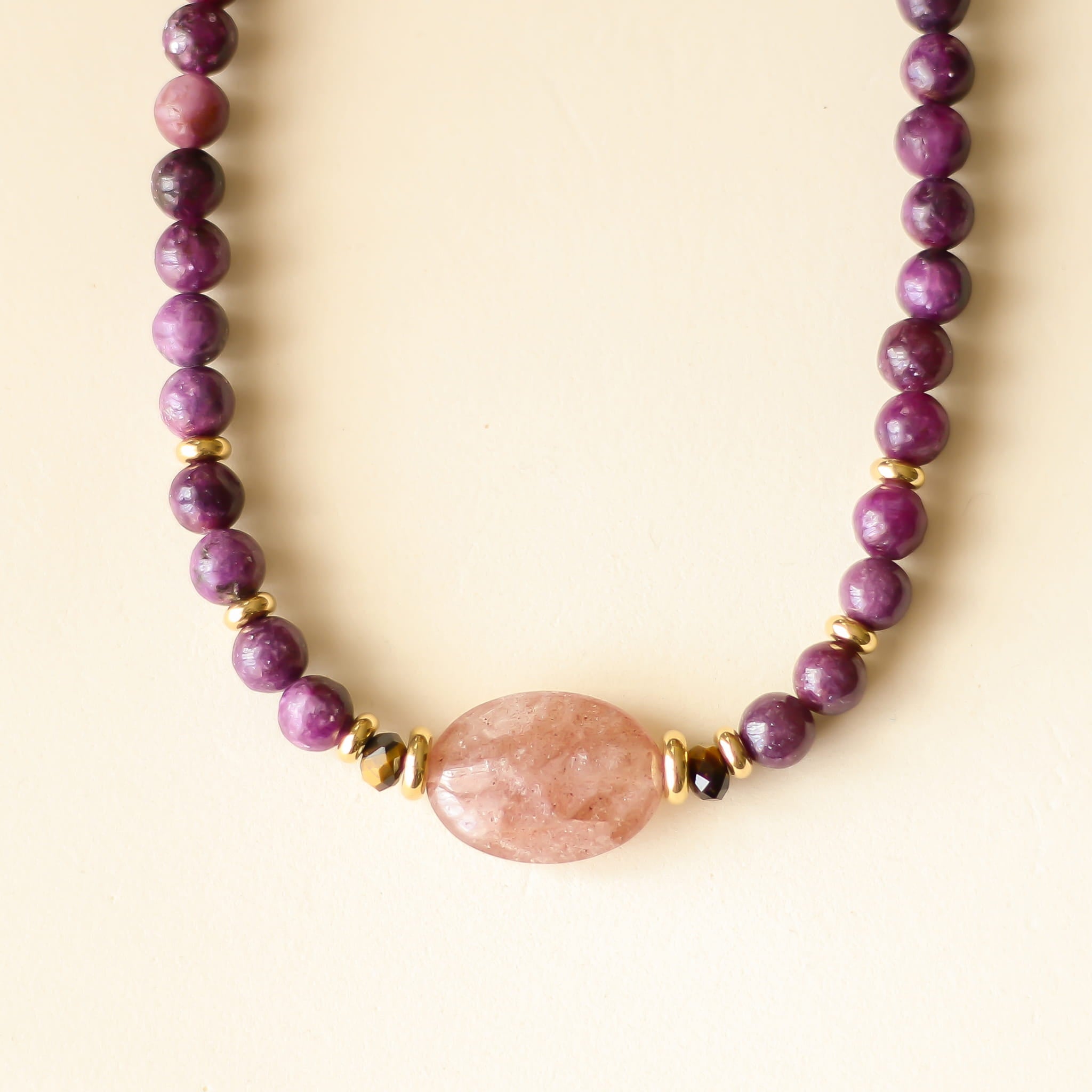 Collier Lépidolite et Quartz fraise