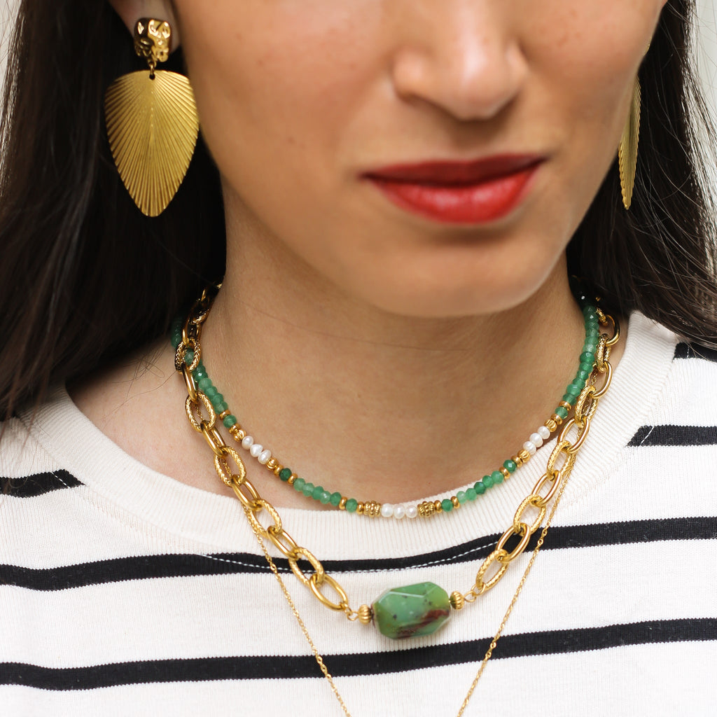 collier acier pierre naturelle vert
