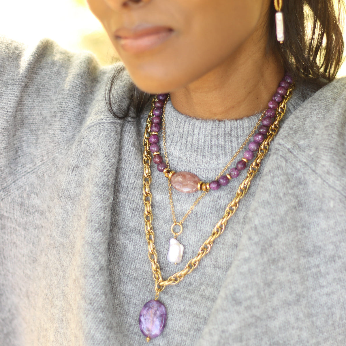 Collier Lépidolite chaîne longue