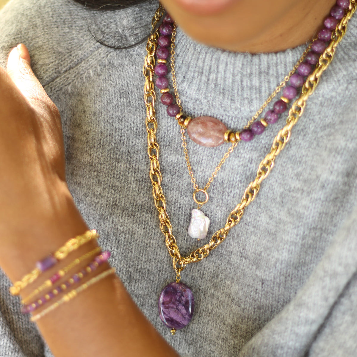 Collier Lépidolite chaîne longue
