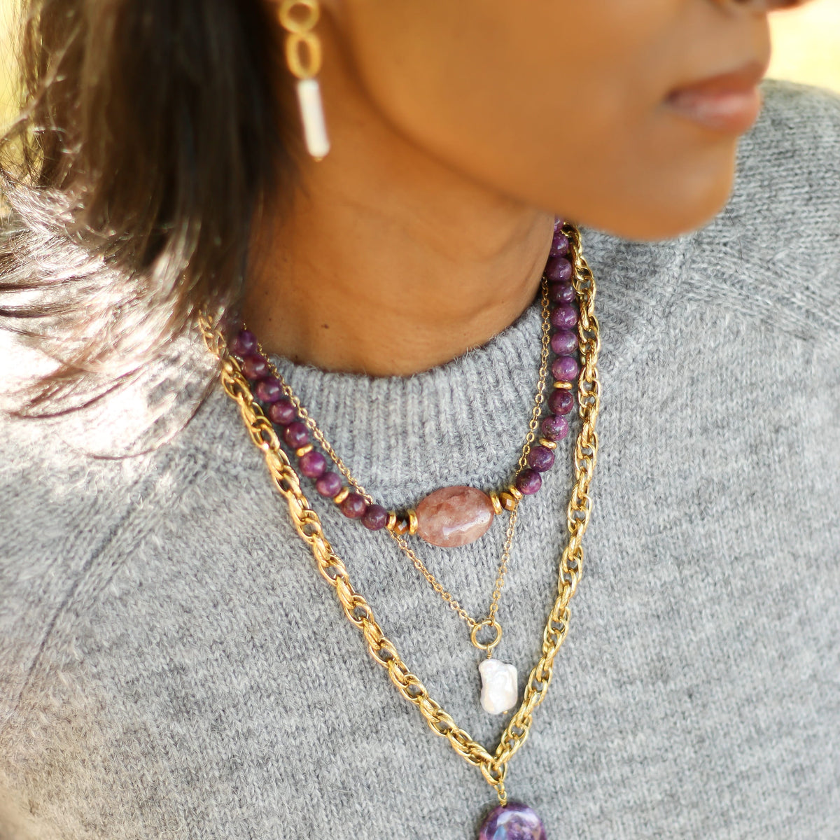 Collier Lépidolite et Quartz fraise