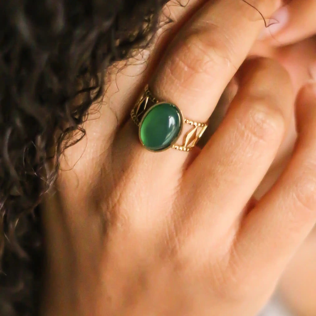 Bague Créateur Agate verte Acier Inoxydable reflet