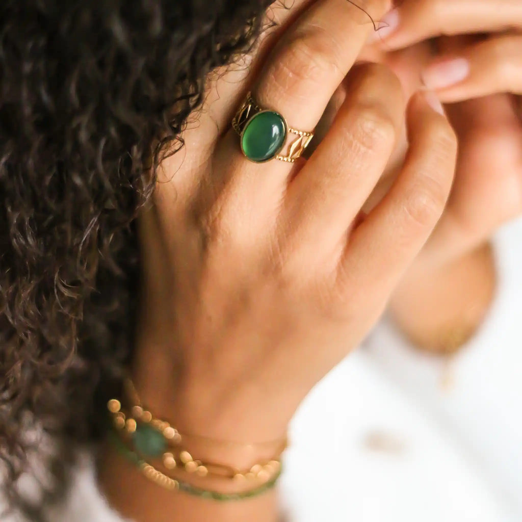 Bague Créateur Agate verte Acier Inoxydable portée